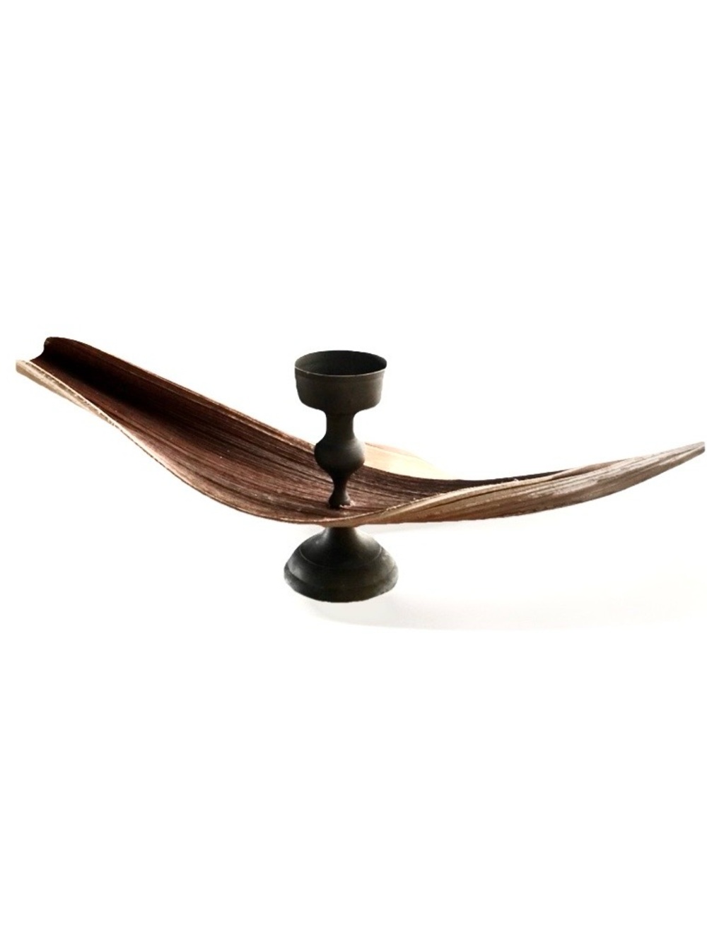 Unique handmade candle holder with vintage brass and natural Florida palm frond